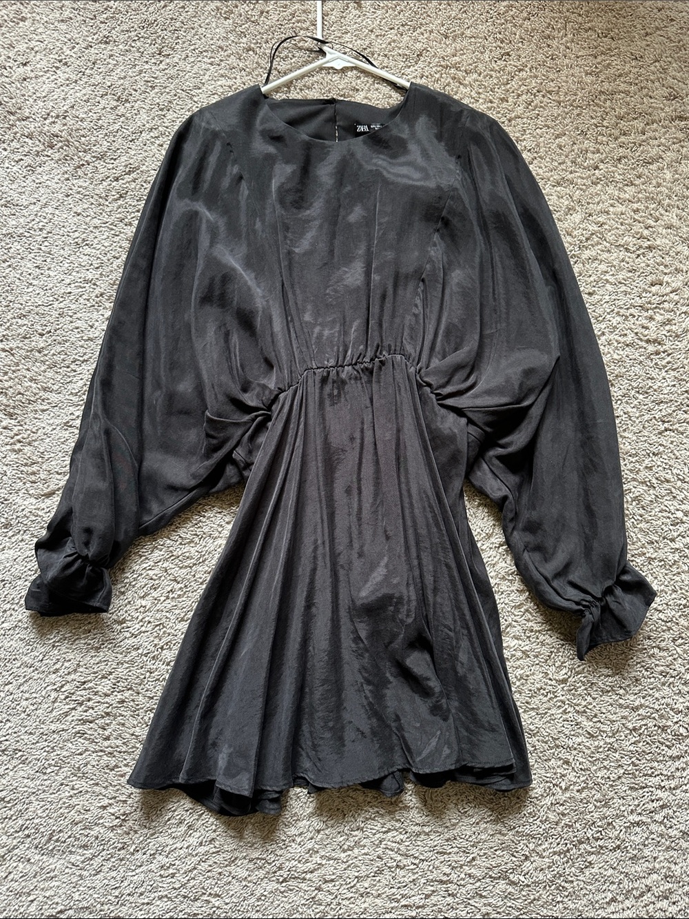 Zara Black Long Balloon Sleeve Gathered Waist Mini Dress